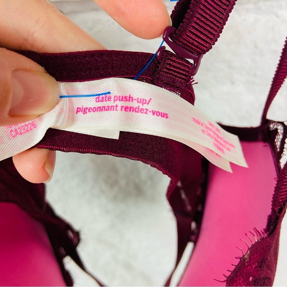 VICTORIAS SECRET PINK Burgundy gold star date night push up sexy bra size 34A - Picture 11 of 12